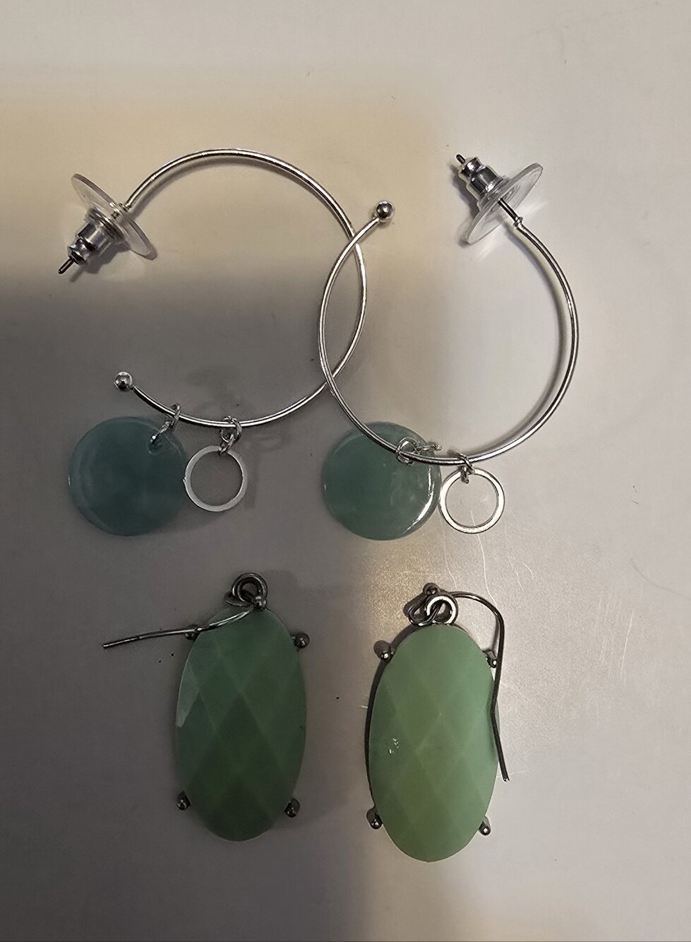 Silver Hoop Earrings with Light Teal  Stone Charms & Green Faceted Drop Earrings